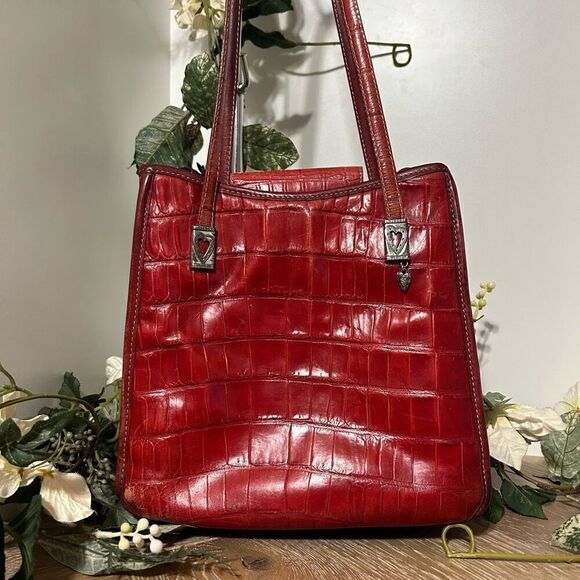 Vintage Brighton Tote Shoulder Bag Purse Women's OS Red Croc Embossed Leather - Picture 3 of 7